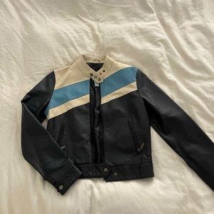 Leather Jacket with White and Blue Stripe Detail